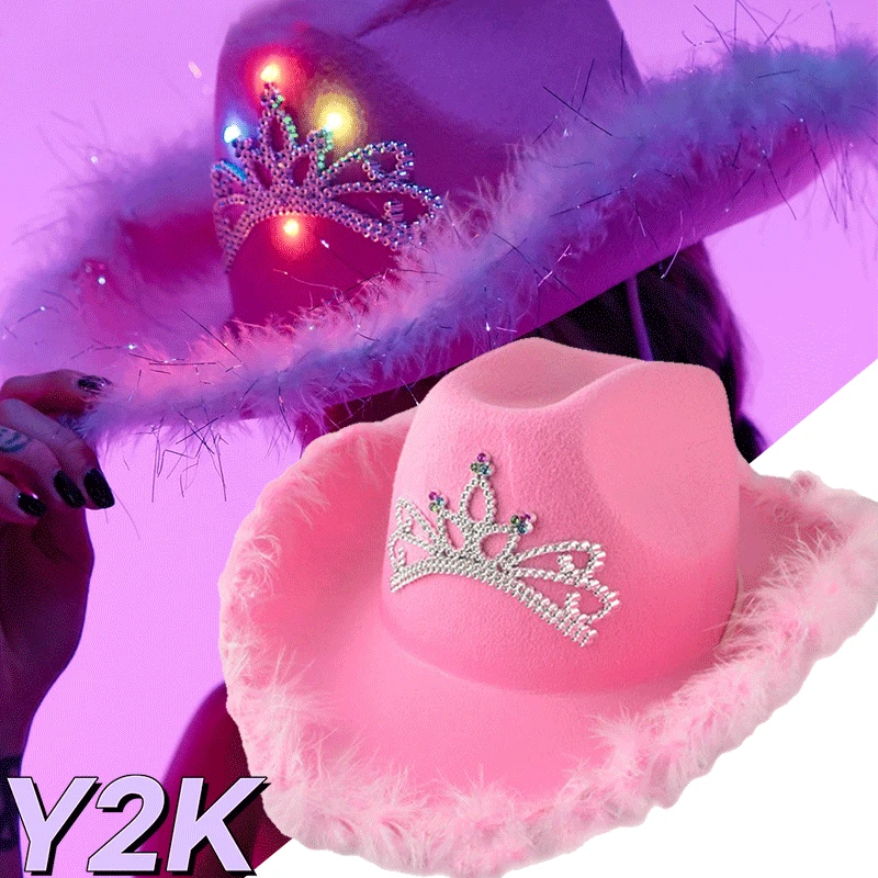 Crown Pink West Cowboy Hat Western Cowgirl Stetson Women Girls Feather Edge Shiny Paillettes Tiara Cowgirl Cappelli Party Fedora Caps