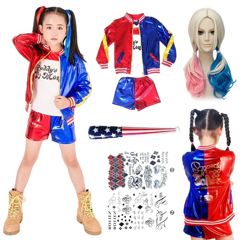 Harley Quinn Costume Kids Girls Batman Suicide Squad Harley Quinn Cosplay The Clown Girl Uniform Wig Halloween Costume Per Bambini