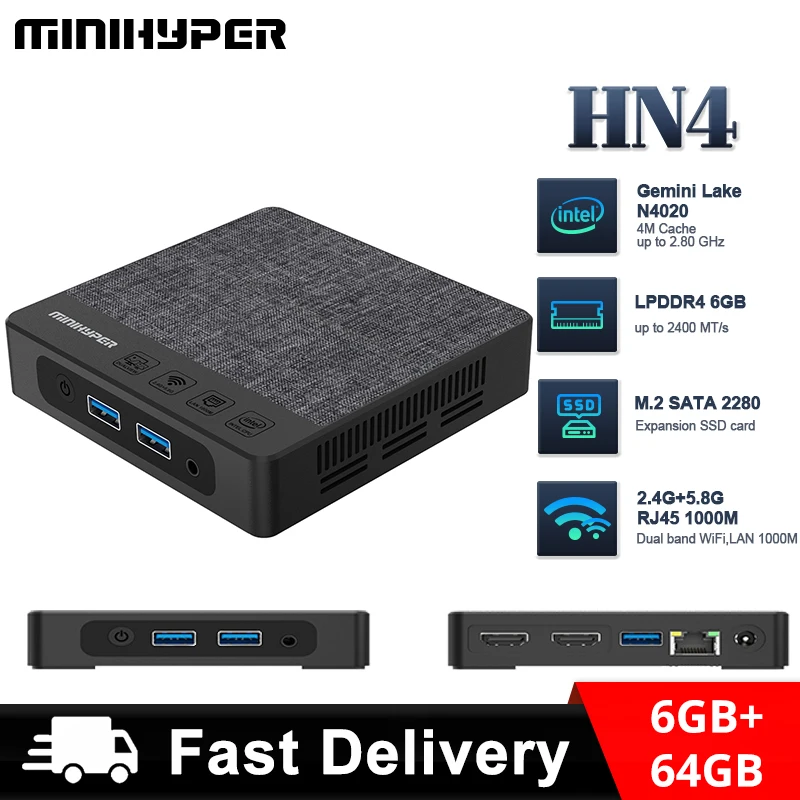 Minihyper Hn4 Mini Pc Intel Gemini Lake N4020C Cpu 6Gb Lpddr4 64Gb Emmc Usb3.0 Hdmi Audio Jack Hp & Mic 3.5Mm Rj45 1000M