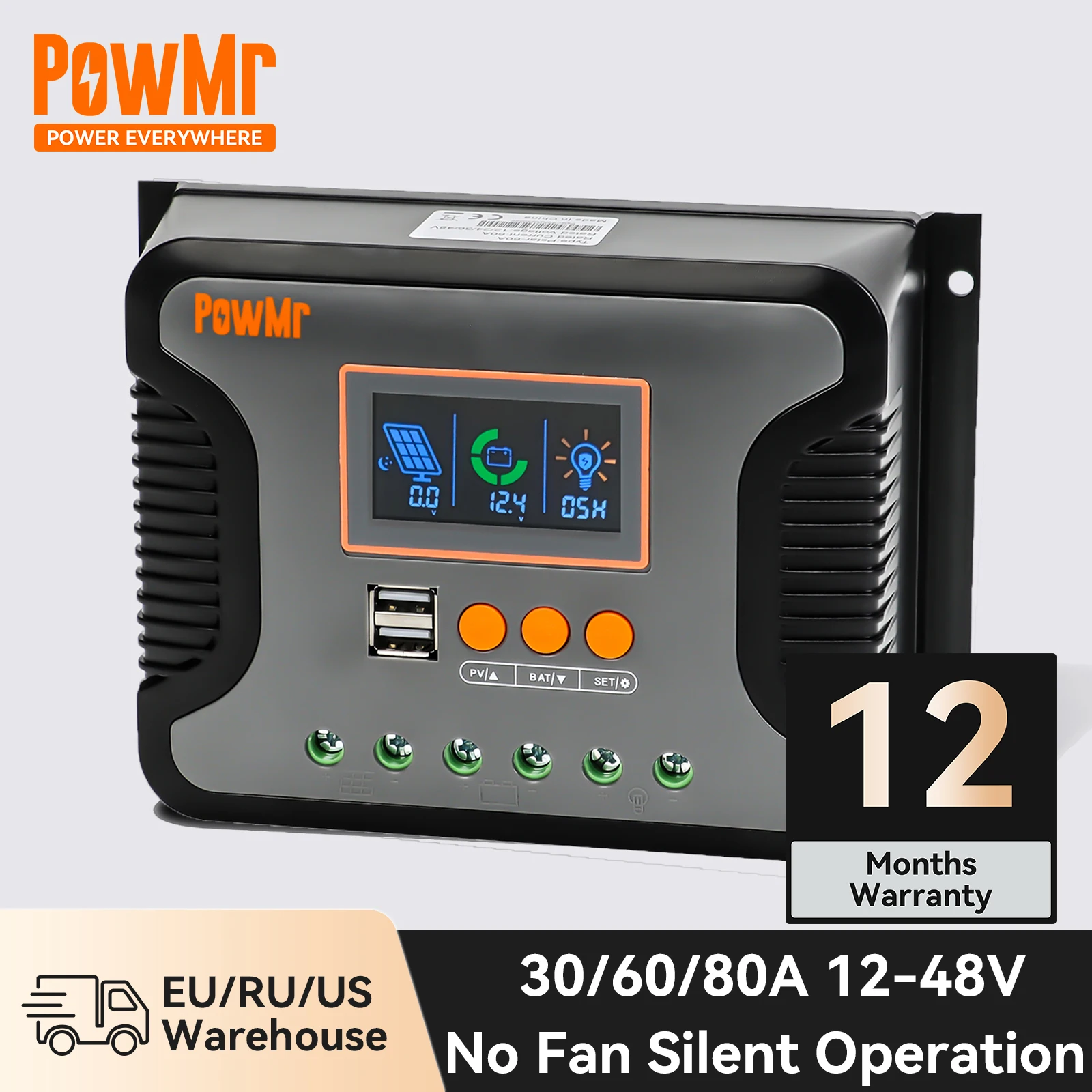 Powmr Pwm Solar Charge 30A 60A 80A Controller 12V 24V 36V 48V Batteria Al Litio Al Piombo Funzionamento Silenzioso Modalità Di Doppio Controllo