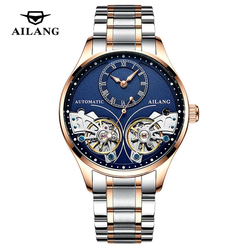 Ailang Brand New Fashion Double Tourbillon Watch For Men Luxury Stainless Steel Waterproof Automatic Mechanical Watches Mens