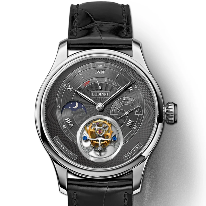 Svizzera Luxury Brand Lobinni Top Seagull Tourbillon Orologi Meccanici Automatici Da Uomo Zaffiro Impermeabile Fasi Lunari L8886