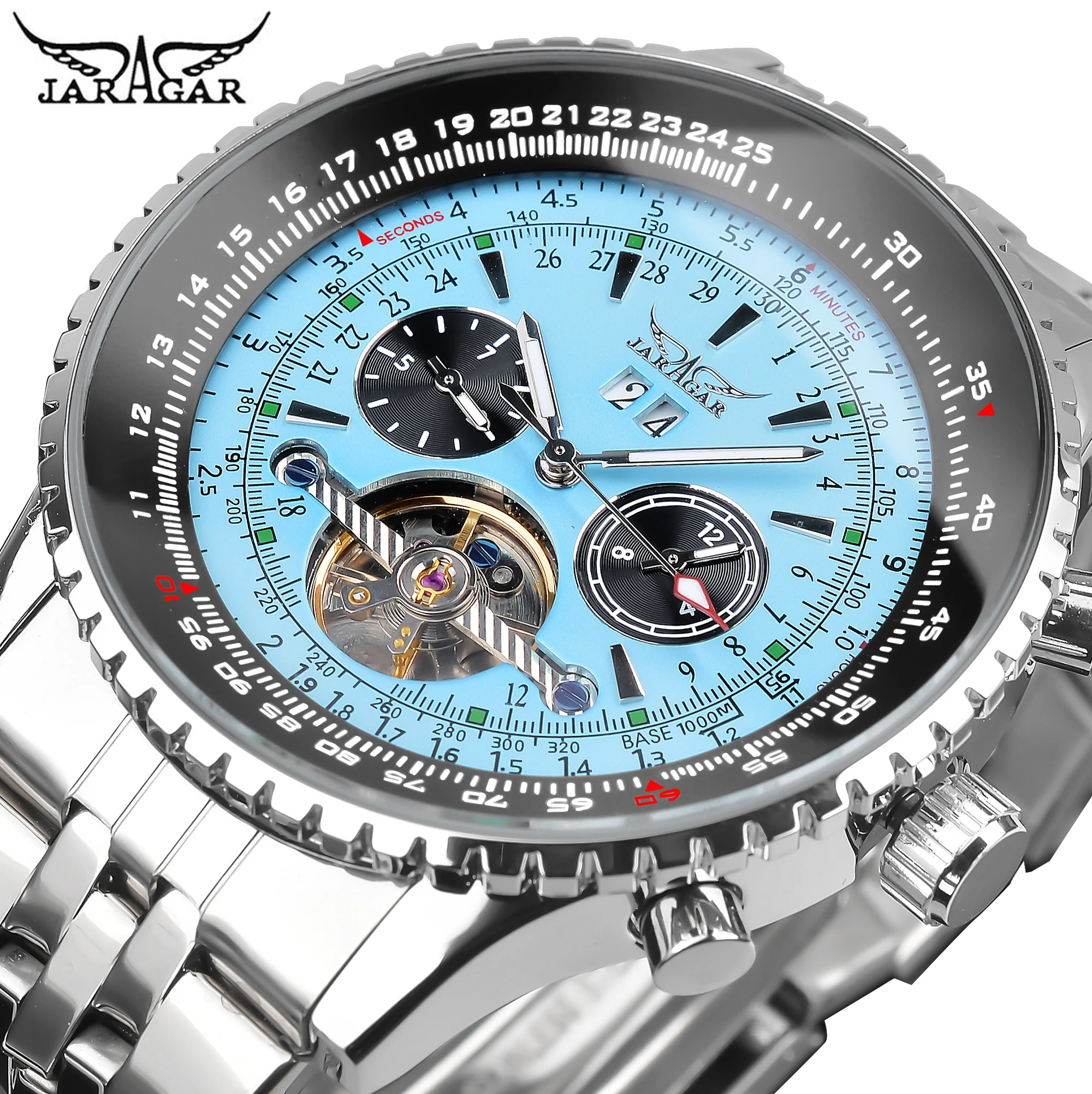 Jaragar Orologio Meccanico Automatico Da Uomo Fashion Tourbillon Blue Dial Date Display Breitling Design Strap Orologi Sportivi Militari