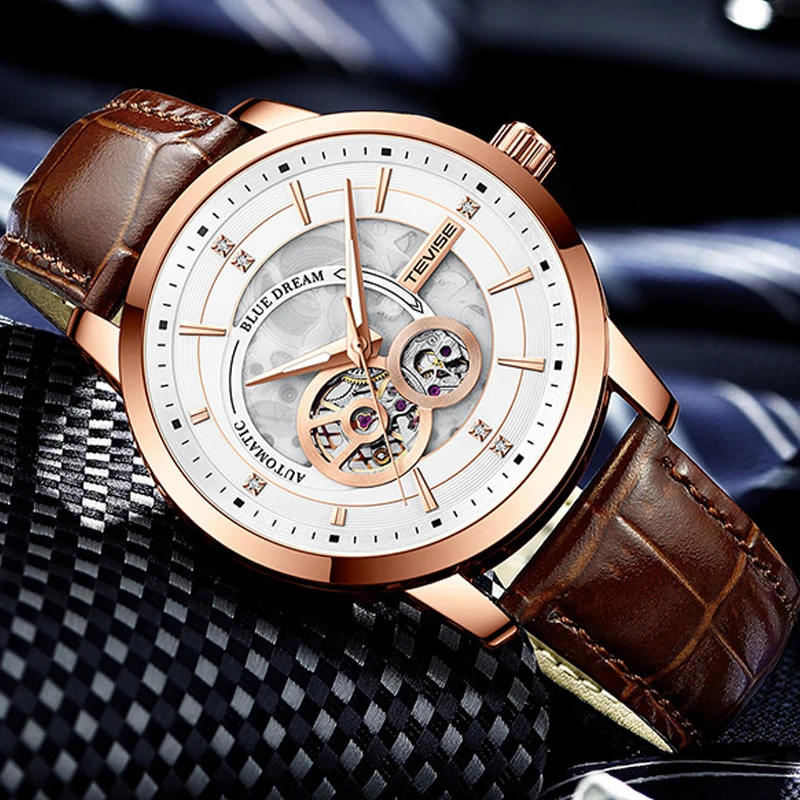 Tevise Bussiness Men Automatic Mens Orologi Tourbillon Skeleton Orologio Meccanico Uomo Luminoso Impermeabile Oro Rosa Orologio Uomo