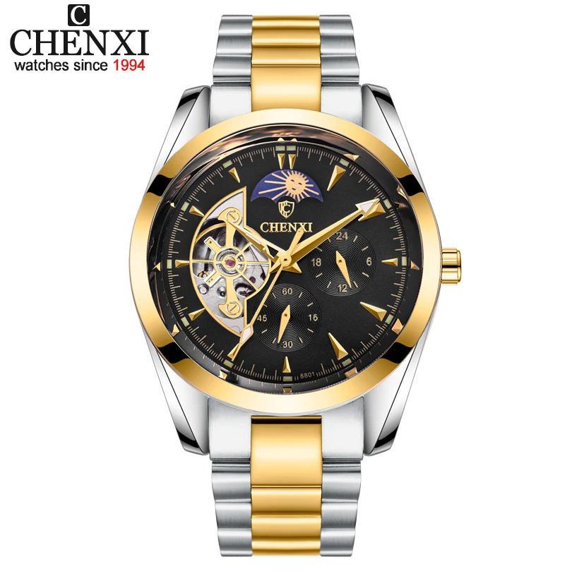 2022 Fashion Chenxi Orologi Da Uomo Moon Phase Full Steel Business Mechanical Men Gold Tourbillon Orologio Da Polso Automatico