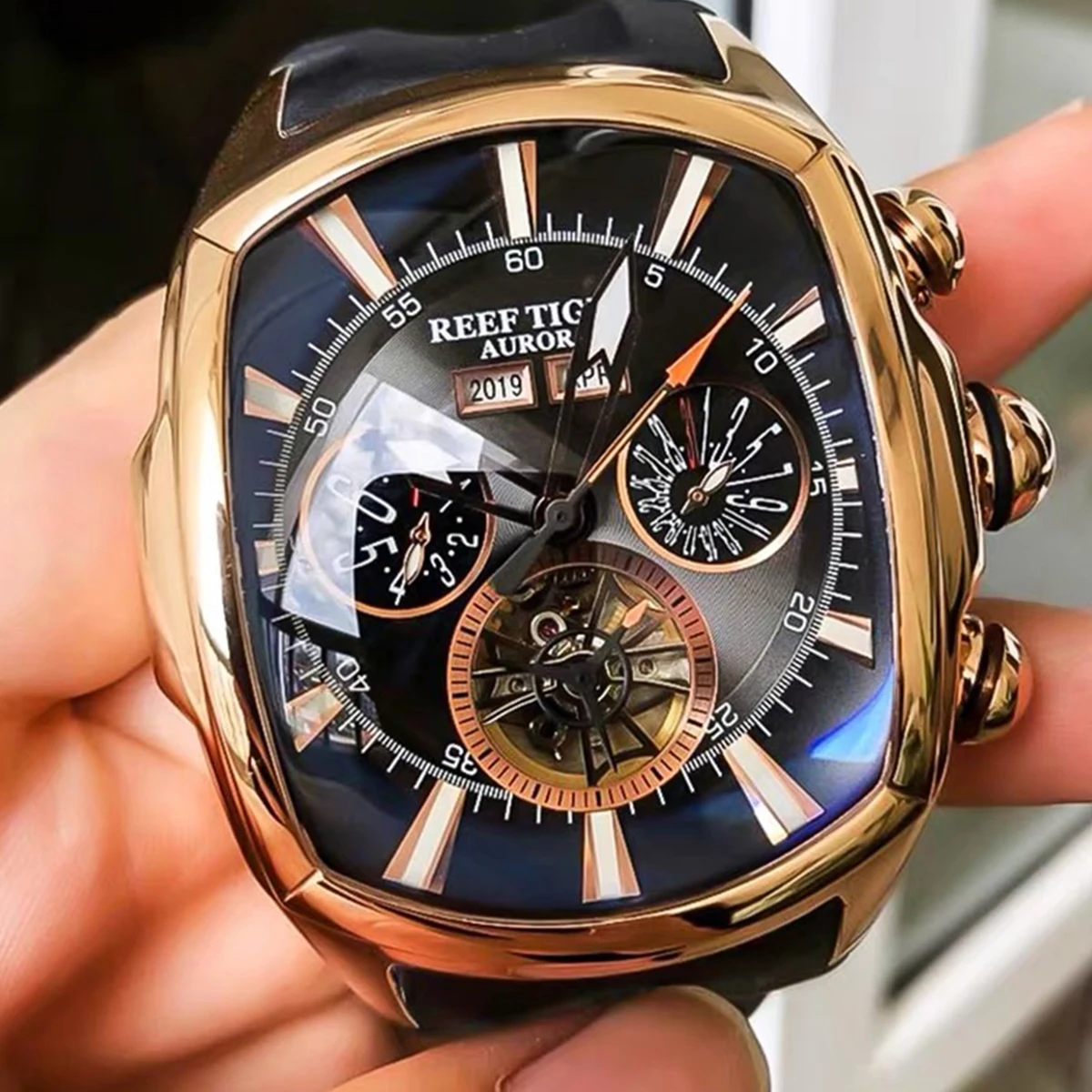 Reef Tiger/Rt Designer Men Sport Watches Tourbillon Quadrante Blu Display Analogico Cinturino In Gomma Orologio Luminoso Rga3069