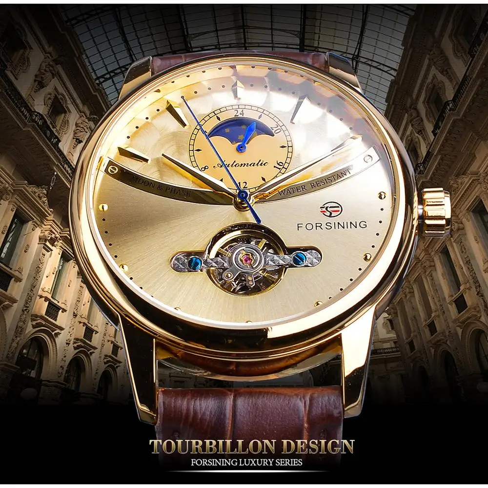 Forsining Moon Phase Orologio Automatico Royal Men Orologio Da Polso Meccanico Impermeabile Dorato Orologio Casual Tourbillon In Vera Pelle