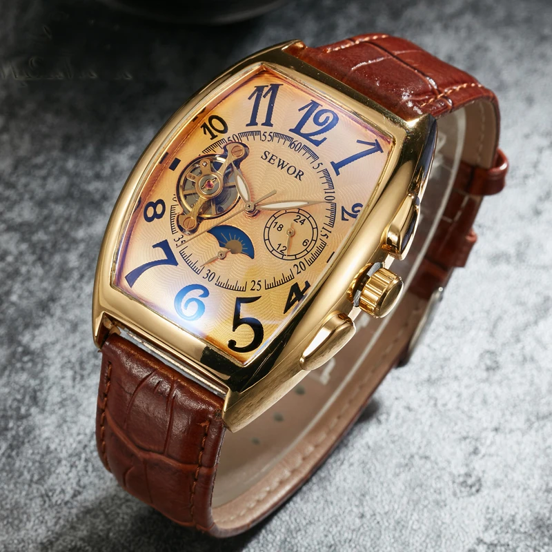Sewor Fashion Luxury Gold Watch Men Mon Phase Tourbillon Orologi Piccoli Secondi Orologi Da Polso Meccanici Automatici Reloj Hombre