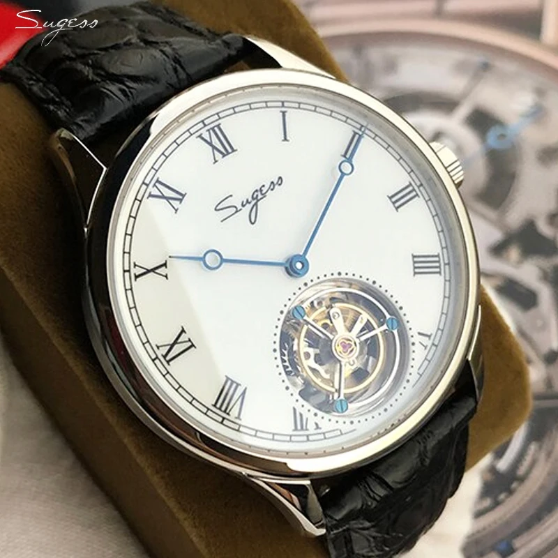 Sugess Tourbillon Watch Hand Winding Orologio Da Uomo Meccanico In Pelle Di Alligatore Quadrante In Ceramica Smaltata Antica Movimento Originale St823