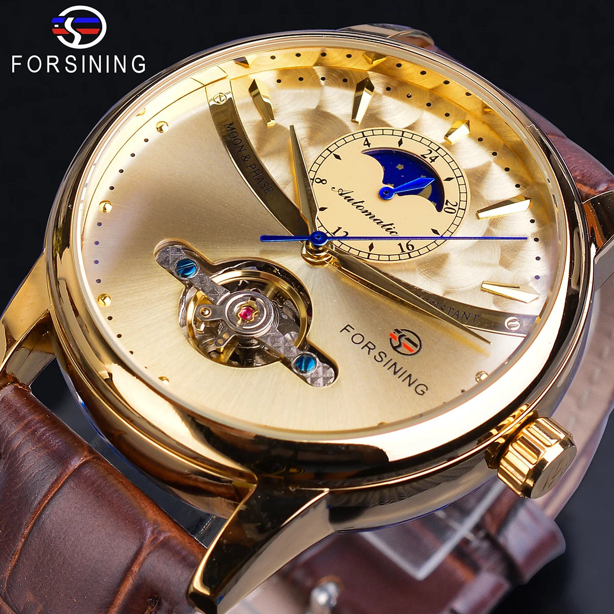 Forsining Moon Phase Orologio Automatico Royal Men Orologio Da Polso Meccanico Impermeabile Dorato Orologio Casual Tourbillon In Vera Pelle