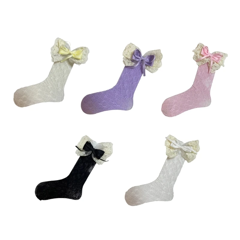 Calzino Da Donna Al Ginocchio Con Fiocchi A Nastro Calze A Cravatta Hollow Lacy Bows Tie Long Fishnet Mesh Ballet Style Sock For Summer
