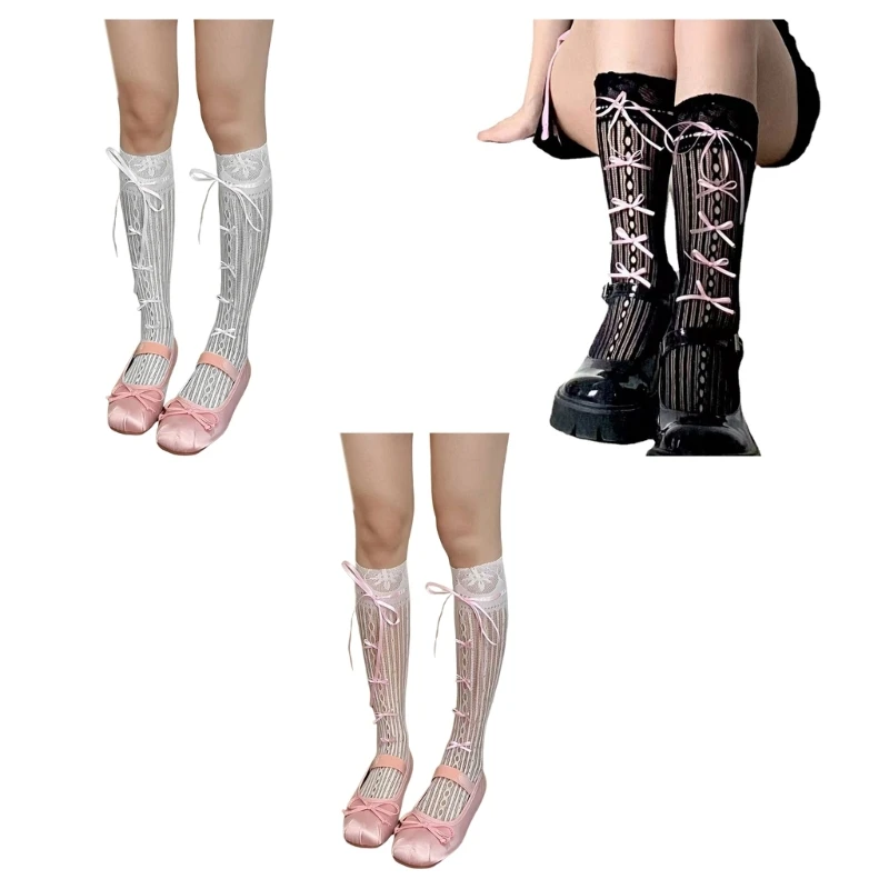 Calzino Da Donna Al Ginocchio Con Fiocchi A Nastro Calze A Cravatta Hollow Lacy Bows Tie Long Fishnet Mesh Ballet Style Sock For Summer