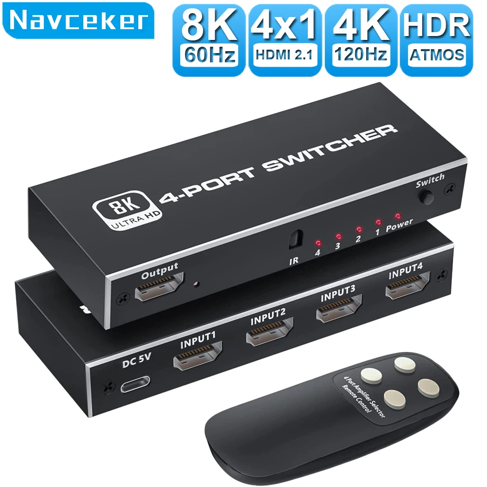 Navceker 8K Hdmi 2.1 Switcher Selector 4K 120Hz Hd Switch Splitter Hdmi 4 In 1 Out 3 In 1 Out Per Laptop Pc Switch Tv Box Ps5