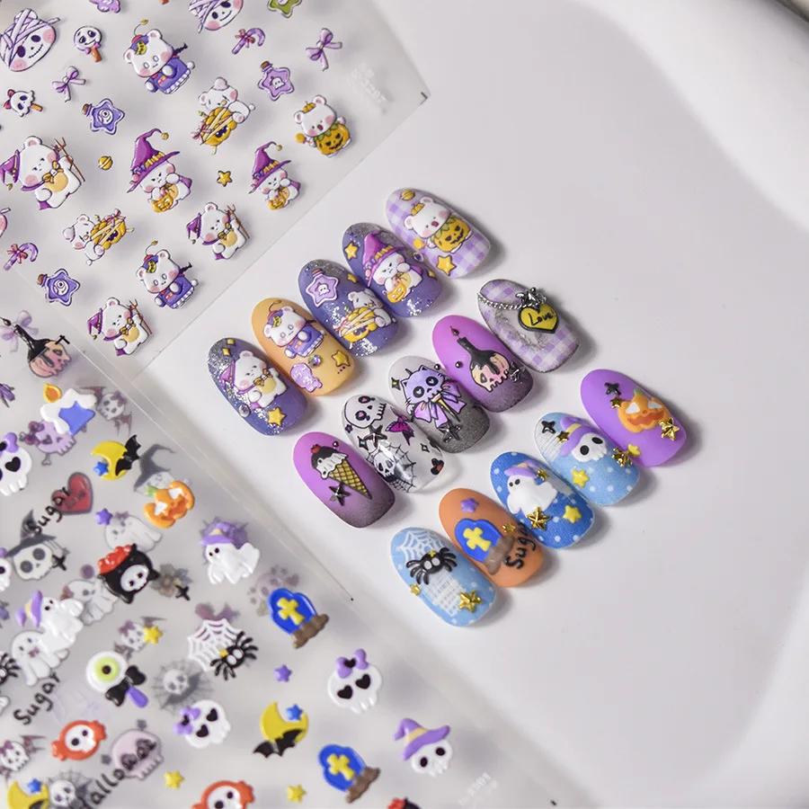 Halloween Cute Bear Zombie Ghost Skeleton Pumpkin Nail Stickers Cursori Incisi Per La Decorazione Delle Unghie Eleganti Decalcomanie Per Manicure T-32