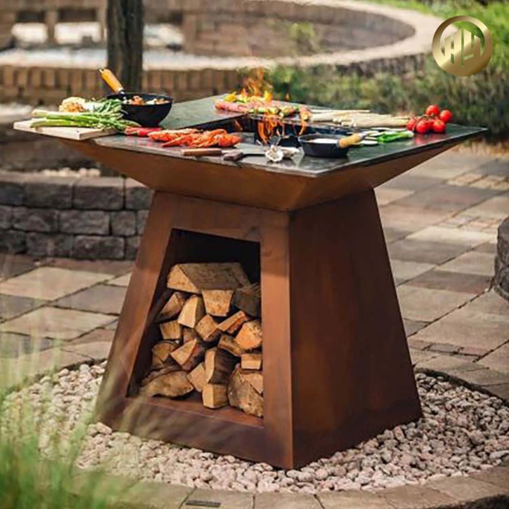 Campeggio Personalizzato Cucinare Grande Bruciatore Di Tronchi Portatile In Acciaio Corten Pieghevole Pozzo Del Fuoco Barbecue All'Aperto Grill Fire P
