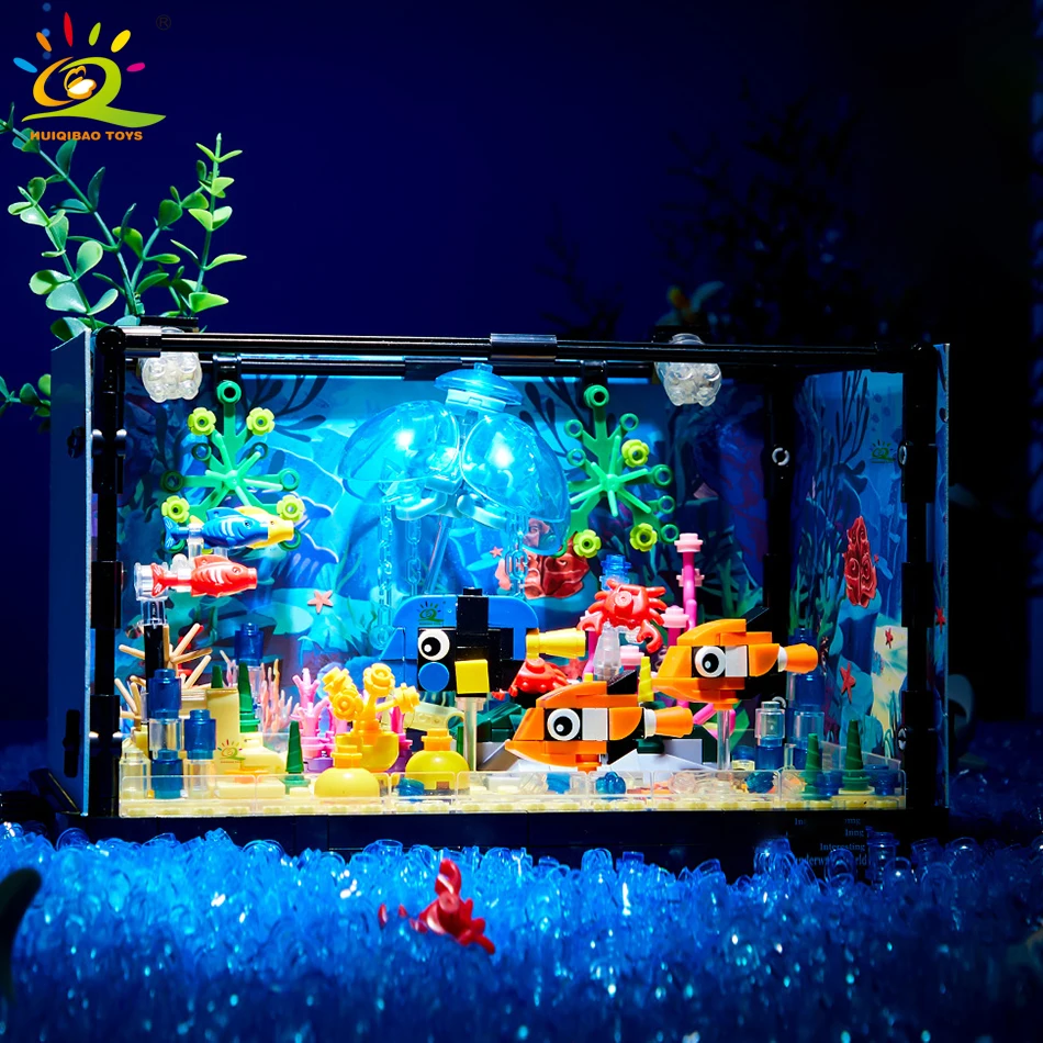 Huiqibao Moc Fishbowl Aquarium Building Blocks Sea Turtle Fish Tank Con Mattoni Leggeri City Construction Toys For Children Kids