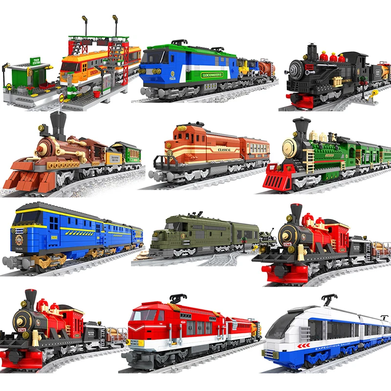 City Train Set Steam Bullet Vehicle Cargo Railway Station Model Building Blocks Brick Tracks Rail No Motor Kit Carriage Kid Toy