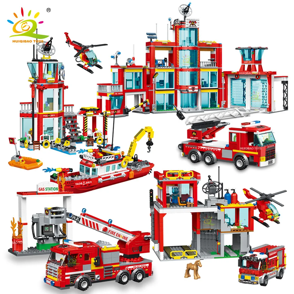 Huiqibao City Fire Station Model Building Blocks Ragazzi Pompiere Car Truck Educational Construction Bricks Toys For Children
