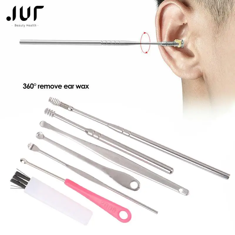 7 Pz/Set Raccoglitori Di Cera Per Le Orecchie Earpick Wax Remover Curette Ear Pick Cleaner Cucchiaio Per La Cura Dell'Orecchio Strumento Pulito Con Un