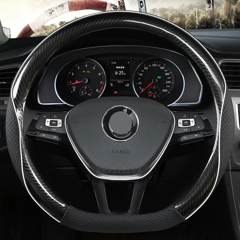 Carbon Fiber +Leather Car Steering Wheel Cover For Vw Sharan Passat Caddy Touran Tiguan Golf Polo Teramont Atlas T-Roc T-Cross
