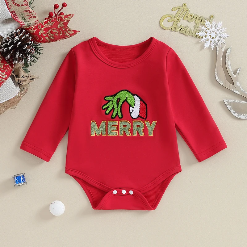 Baby Boys Girls Christmas Pagliaccetto Fuzzy Ricamo Manica Lunga Girocollo Grinch Body Neonato Grinch Playsuit