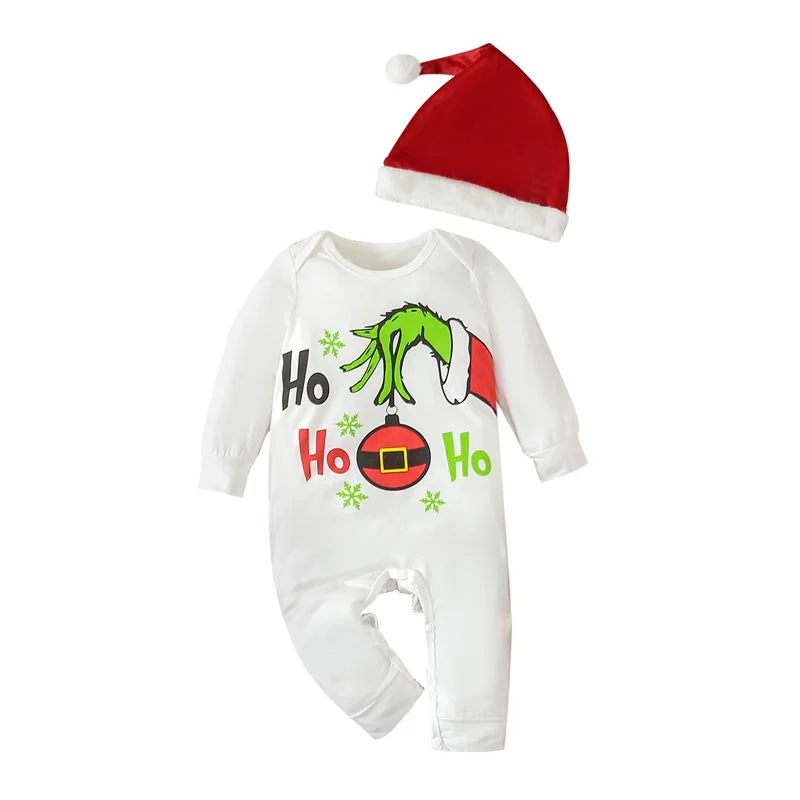Infant Baby Christmas Grinch Tuta Cartoon Snowflake Print Manica Lunga Pagliaccetto Cappello Santa Green Monster Costume