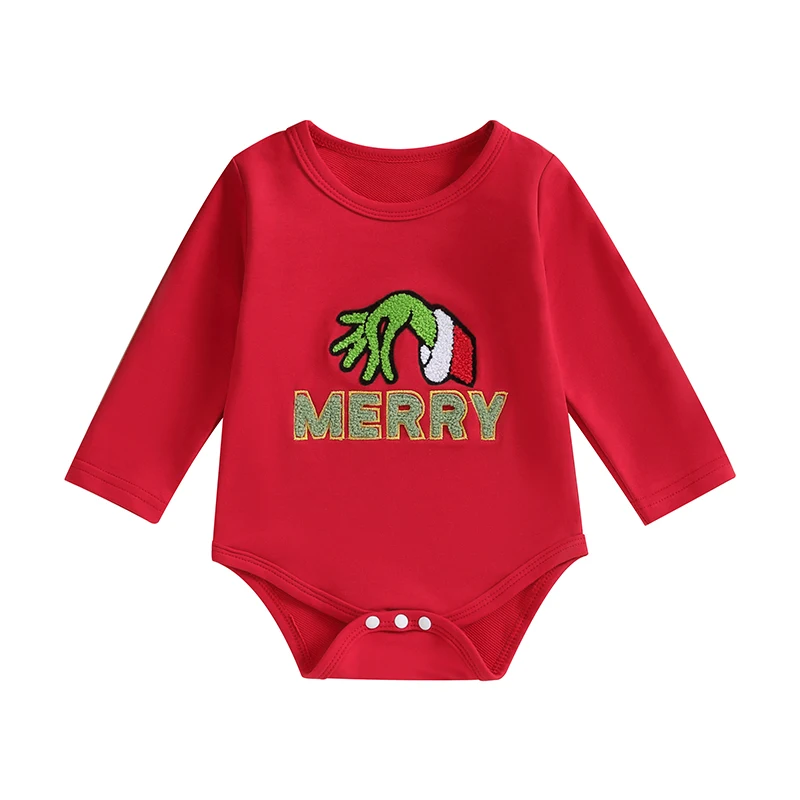 Baby Boys Girls Christmas Pagliaccetto Fuzzy Ricamo Manica Lunga Girocollo Grinch Body Neonato Grinch Playsuit