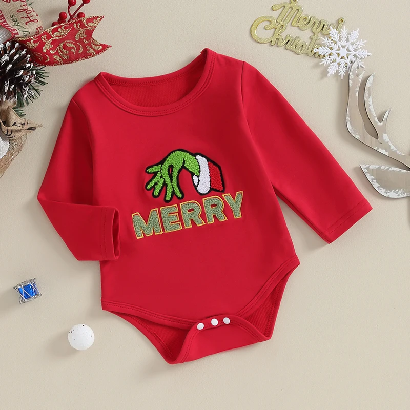 Baby Boys Girls Christmas Pagliaccetto Fuzzy Ricamo Manica Lunga Girocollo Grinch Body Neonato Grinch Playsuit