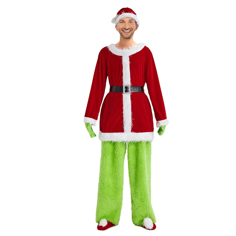 Grinch Xmas Costume Divertente Natale Novità Outfit Furry Top Pantaloni Cappello Guanti Calzini Costume Cosplay