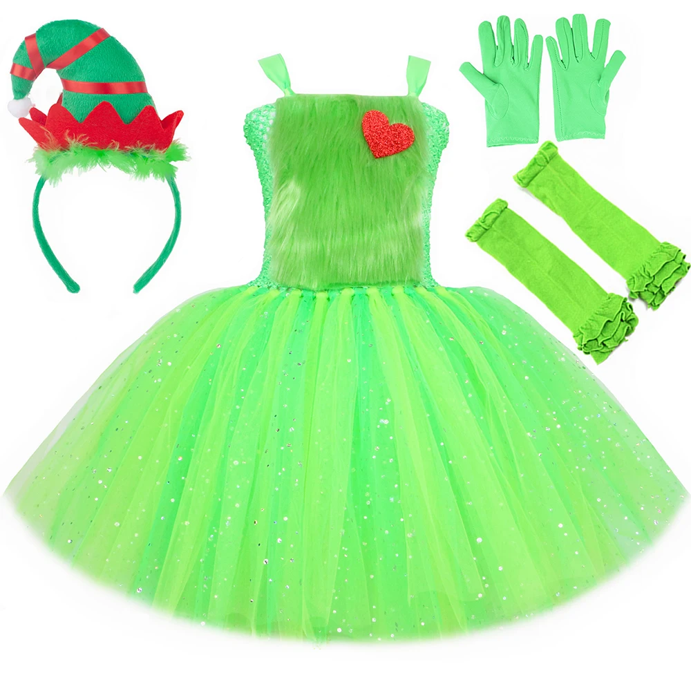 Christmas Grinch Costume Outfit For Girls Kids Green Furry Monster Cosplay Tutu Dress Bambini Christmas Xmas Party Clothes Gift