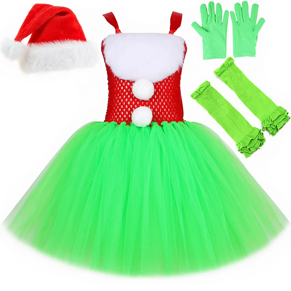 Natale Babbo Natale Grinch Costume Per Ragazze Verde Furry Monster Cosplay Tutu Dress Outfit Bambini Halloween Xmas Party Clothes
