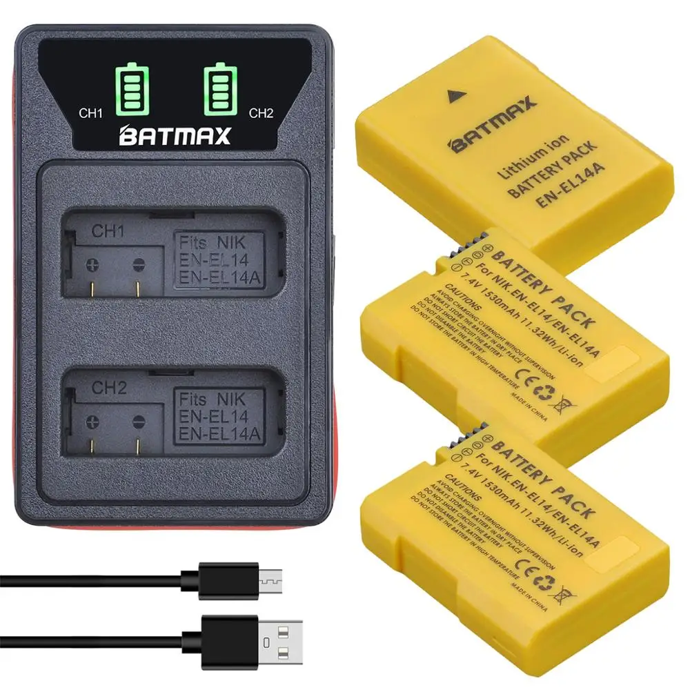 Batmax 1530Mah En-El14 En-El14A Battery + New Led Usb Caricatore Doppio Withtype C Porta Per Nikon D5200 D3100 D3200 D5100 P7000