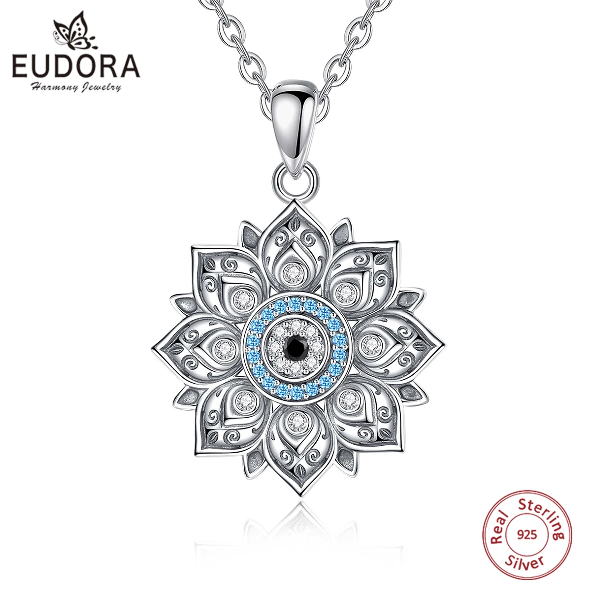 Eudora 925 Sterling Silver Lotus Evil Eye Collana Per Donna Uomo Vintage Evil Eye Lotus Flower Pendant Personality Jewelry Gift