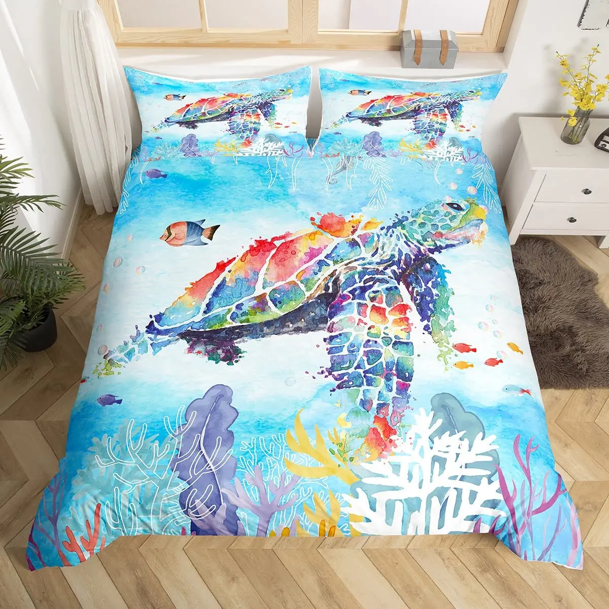Sea Turtle King Queen Copripiumino Acquerello Graffiti Tie Dye Set Biancheria Da Letto Ocean Fish Coral Sea Life Copripiumino In Poliestere Blu