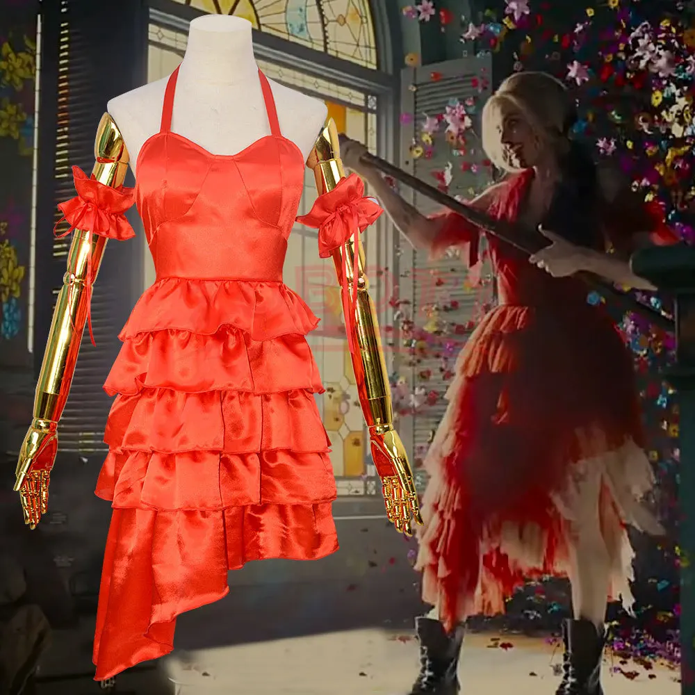 Film Suicide Harley Cosplay Costume Squad Quinn Donna Red Layered Fancy Dress Harleen Mesh Ball Gown Girl Slip Dress
