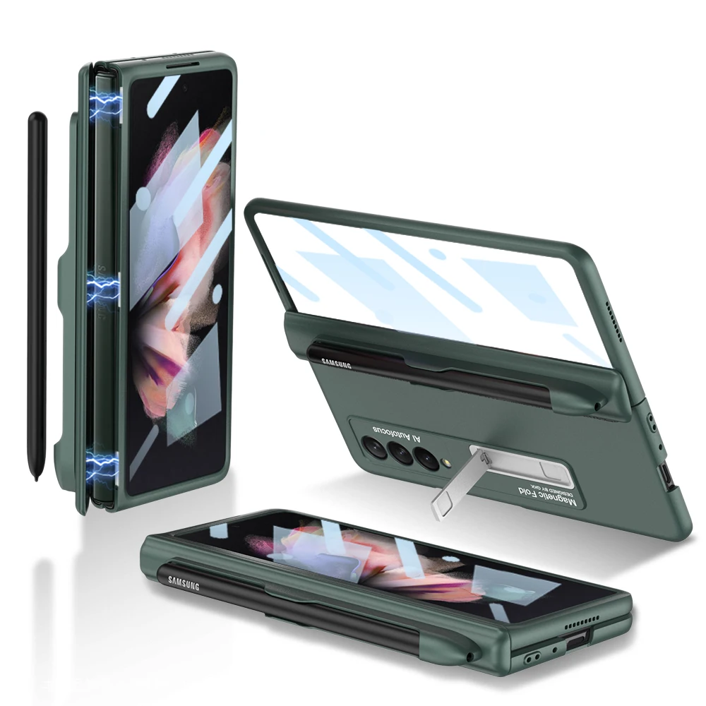 Magnetic Hinge Case For Samsung Galaxy Z Fold 3 5G Fold3 Cover Shockproof Flip Full Protective Camera Shell With Screen Film