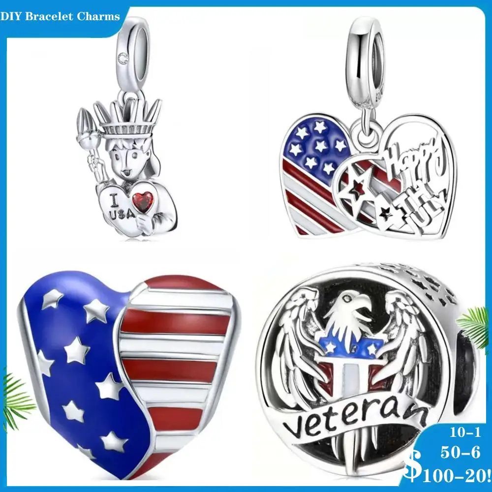 Ciondoli Color Argento Genuino Bandiera Americana Liberty Eagle Charm Beads Fit Original Pendant Bracciale Charm Jewelry Gift