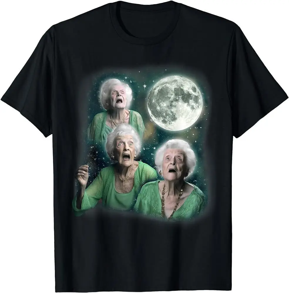 Three Granny Moon 3 Old Ladys Howling T-Shirt Meme Emy Strana Maniche Lunghe O Corte