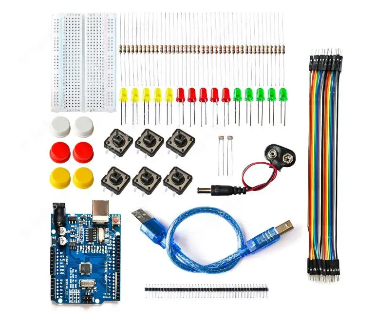 Nuovo Kit Di Avviamento Per Arduino Uno R3 Mini Breadboard Led Jumper Wire Button Compatibile