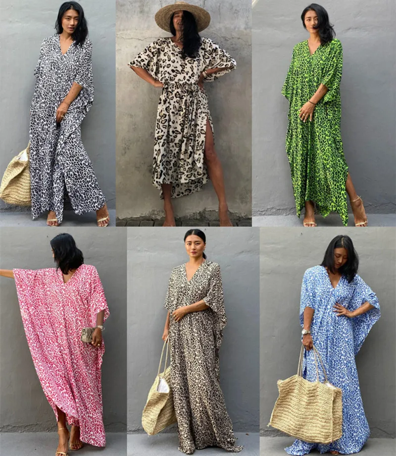 Leppard Boho Stampa Abito Da Spiaggia Bikini Cover Up Tuniche Per La Spiaggia Sarong Robe De Plage Bikini Sciolto Cover Up Vestido De Playa