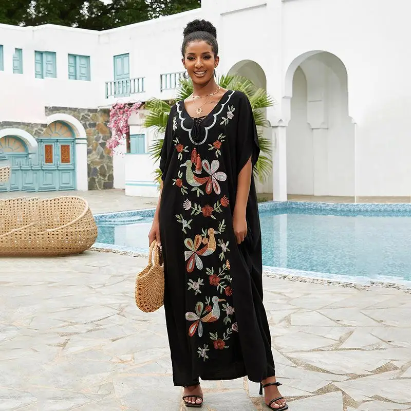 Abito Da Spiaggia Ricamato Vintage Nero Lungo Cardigan Sarong Copricostume Bikini Wrap Dress Beach Wear Costume Da Bagno Cover Up