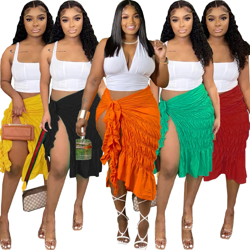 Jgamyik Increspato Tie Knot Sarong Gonne Fessura Laterale Arancione Sarong Beach Wrap Gonna Covers-Ups Costumi Da Bagno Donna 2022