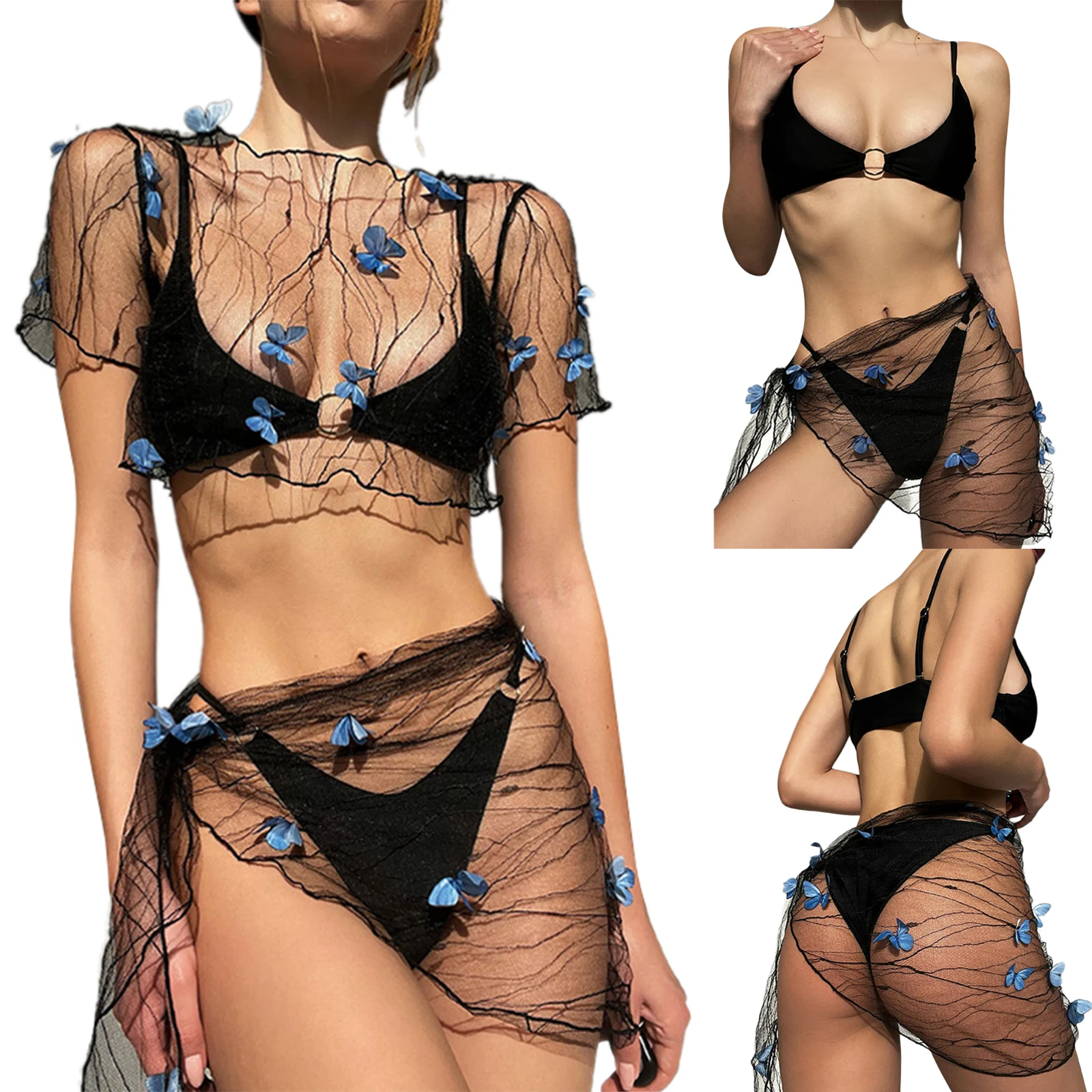 Bikini Da Donna Cover-Up Set Mesh Sheer Tridimensionale Farfalla Decorazione Manica Corta Crop Top Tie-Up Sarong Wrap Skirt