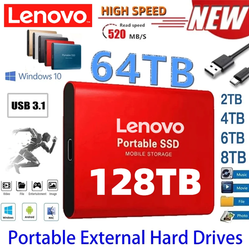 Lenovo 2023 Disco Rigido Portatile Esterno Usb 3.1 Type-C M.2 Ssd Disco Rigido Esterno 500Gb Flash Drive Dischi Rigidi Da 8Tb Per Laptop