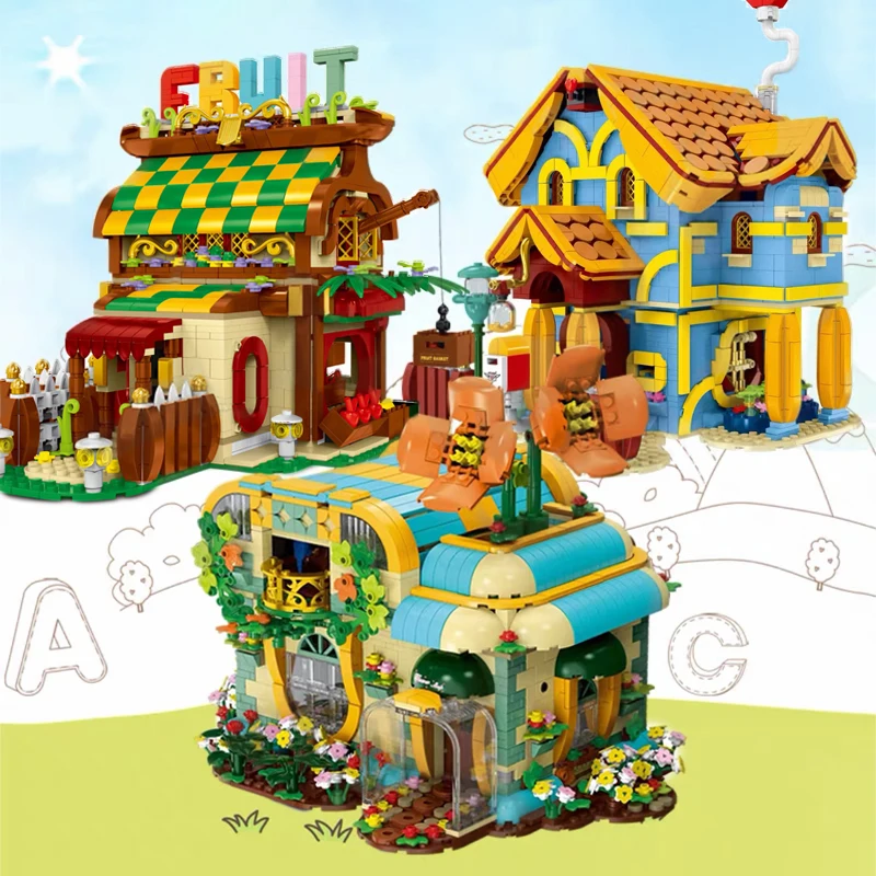 Street View Flowers Bouquet Shop Building Block Ideas Cartoon City Villa Fruit House Bricks Model Creative Expert Kids Toy Moc