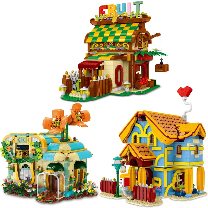 Street View Flowers Bouquet Shop Building Block Ideas Cartoon City Villa Fruit House Bricks Model Giocattoli Creativi Per Bambini Moc