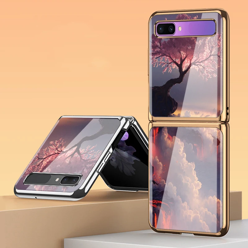 Z Flip 4 Custodia Funda Per Samsung Galaxy Z Flip 4 3 2 1 Cloud Peach Tree Pattern Placcatura In Vetro Temperato Coque Cover Per Telefono