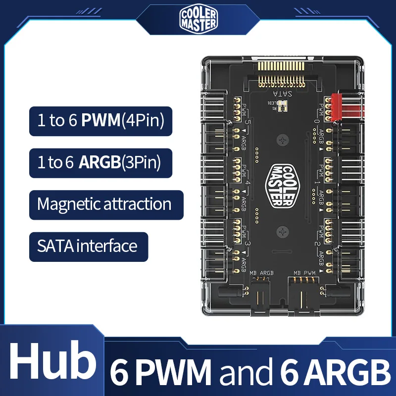Cooler Master Sata Power Hub 5V/3Pin Argb 12V/4Pin Pwm Multi Way Splitter Adapter Adapter Addressble Magnetic Attraction Pc Case Fan