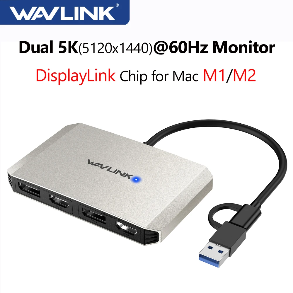 Wavlink Usb 3.0/Usb C A Displayport/Hdmi Display Adapter Dual 5K @ 60Hz Monitor Hub Per Mac M1 M2 Windows Displaylink Dl6950 Chip