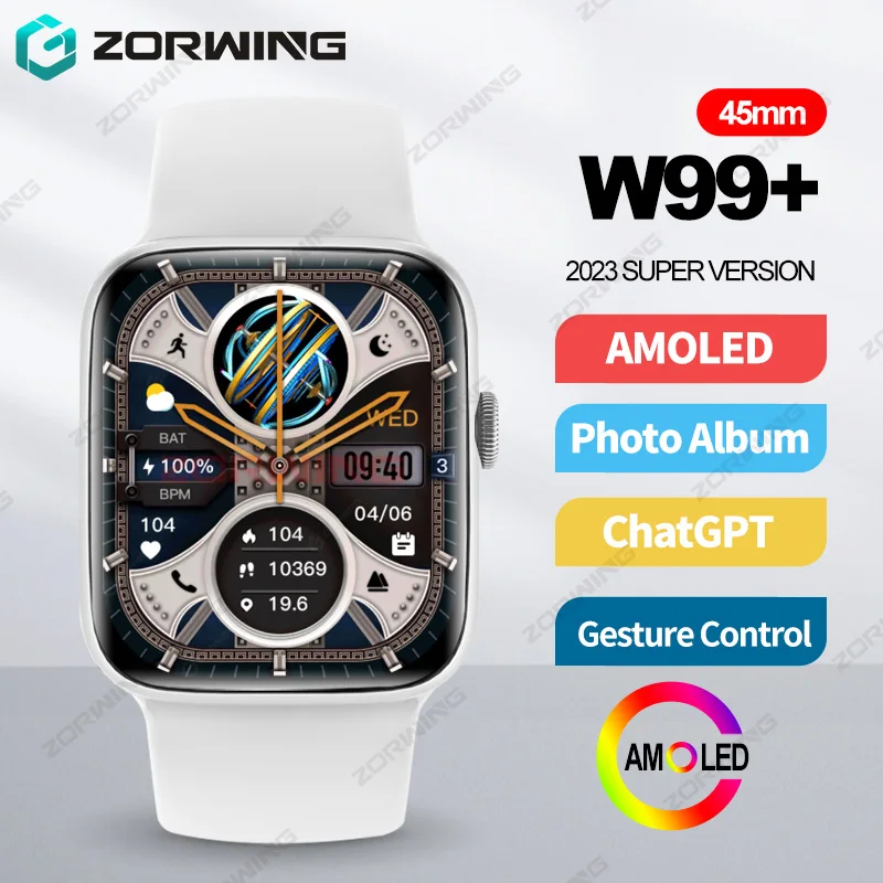 W99 + 45Mm Smart Watch Uomo Donna Amoled Chatgpt Nfc Smartwatch Series 9 Album Fotografico Controllo Gestuale Orologio Sportivo Per Android Ios